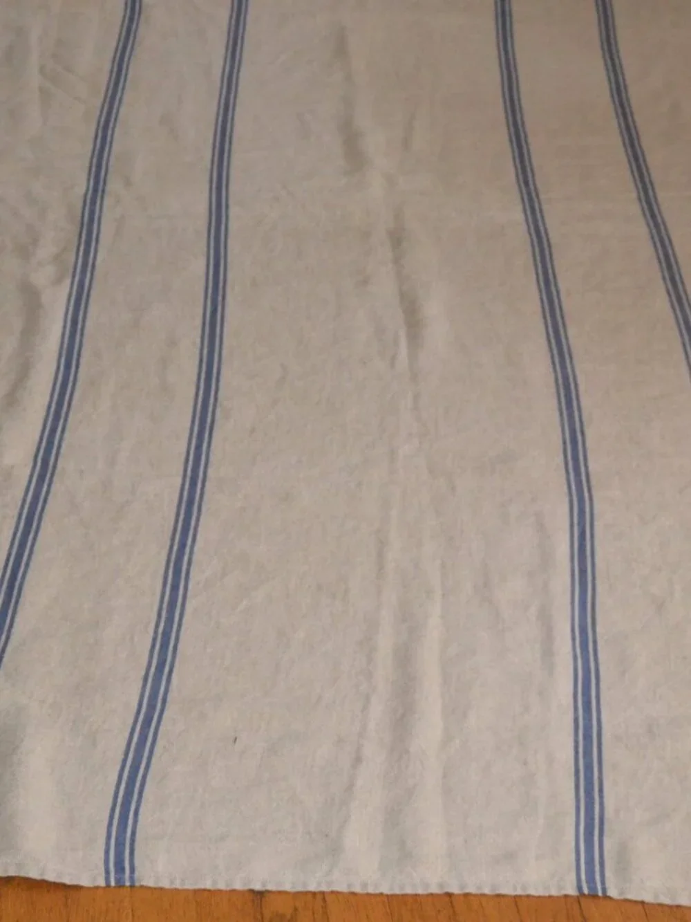 THIEFFRY French Monogramme 100% Linen Tablecloth Classic Natural/Blue Stripe